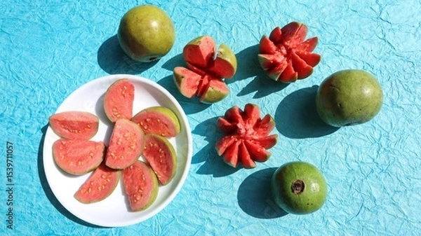 Fototapeta Fresh Guava fruits carved in flower shape with red pulpy inside. Jaam phal amrood fruits in wicker basket