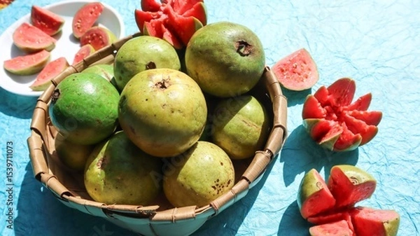 Fototapeta Fresh Guava fruits carved in flower shape with red pulpy inside. Jaam phal amrood fruits in wicker basket