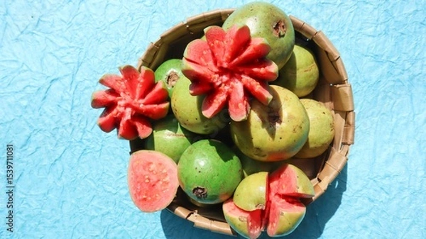 Fototapeta Fresh Guava fruits carved in flower shape with red pulpy inside. Jaam phal amrood fruits in wicker basket