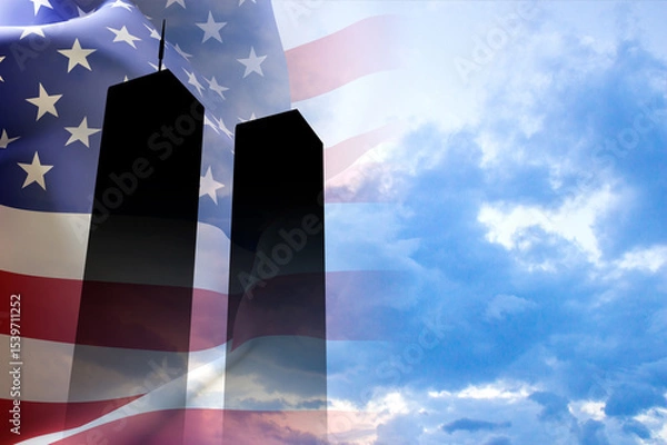 Obraz Silhouette of Towers on background of cloudy sky. 09.11.2001 American Patriot Day banner. We will never forget