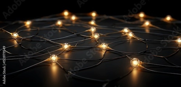 Fototapeta A close up view of a string of fairy lights on a dark surface creating a warm and festive ambiance