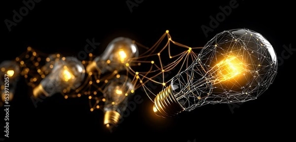 Fototapeta Illuminated light bulbs connected by glowing lines against a dark background in a conceptual design