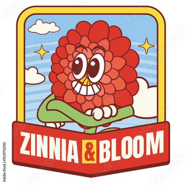 Fototapeta Vector Illustration of Zinnia Flower Mascot with Retro Cartoon Mascot Available for Logo Badge