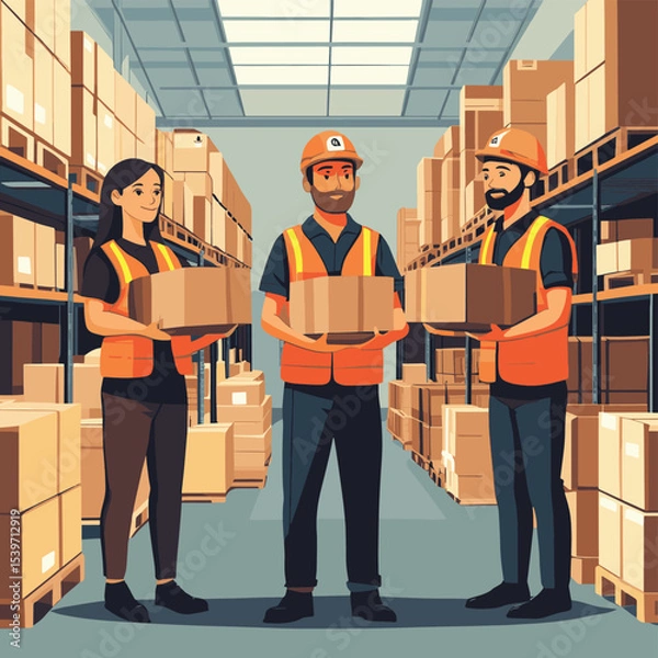 Fototapeta logistic workers in warehouse, vector style simple color