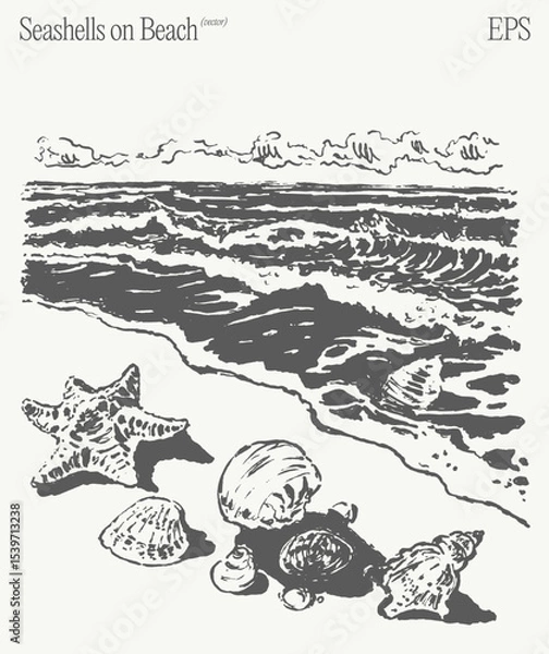 Obraz An illustration featuring seashells beautifully scattered on a beach with gentle waves