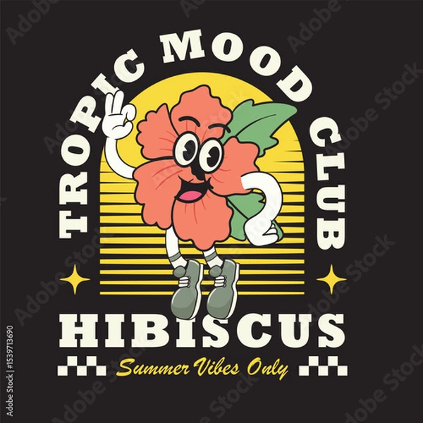 Fototapeta Vector Illustration of Hibiscus Flower Mascot with Retro Cartoon Mascot Available for Tshirt Design