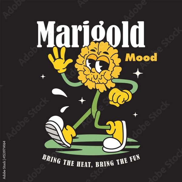 Fototapeta Vector Illustration of Marigold Flower Mascot with Retro Cartoon Mascot Available for Tshirt Design