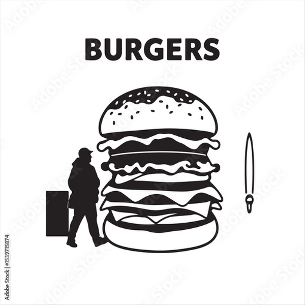 Fototapeta A black and white vector style street photography image depicting a classic burger silhouette, rendered in a timeless and elegant aesthetic against a clean white background