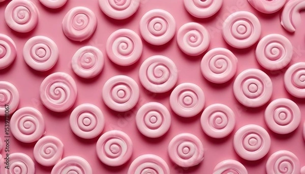 Fototapeta An overhead shot of charming pink swirl candies on a rose-colored backdrop.