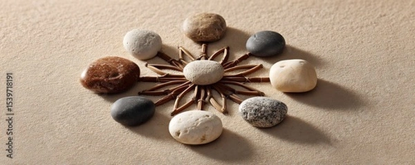 Fototapeta Composition of stones surrounding a central stone with twig like decorations on a textured background