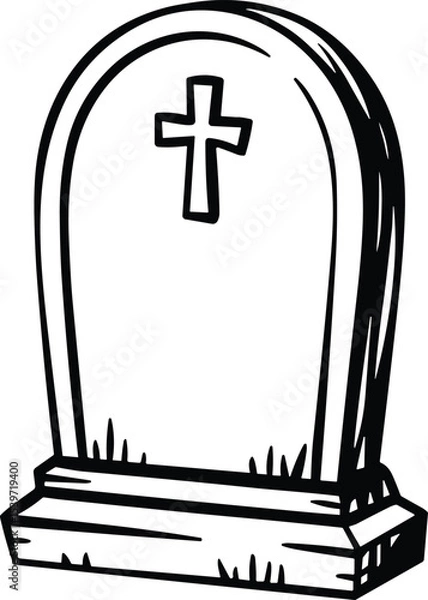 Fototapeta Gravestone Line Art Vector Illustration with Cross for Halloween or Memorial Designs