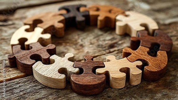 Fototapeta Wooden puzzle pieces arranged in a circle on a rustic wooden surface creating a sense of connection