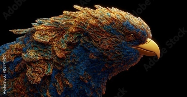 Fototapeta Abstract eagle artwork: Gold beak, blue and gold textured feathers, a symbol of majestic power.