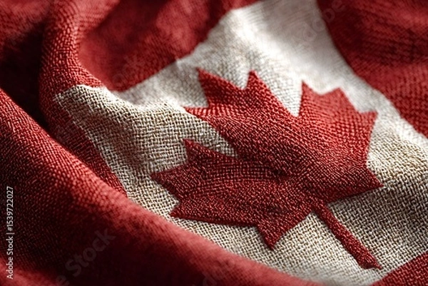 Obraz Close up of the canadian flag, highlighting the intricate texture of the fabric and the vibrant red maple leaf, a powerful symbol of national identity and unity