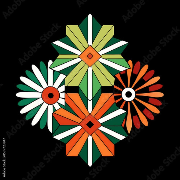 Fototapeta Brutalist geometric flower set with abstract daisy motifs, displayed on a black background, AI Generated