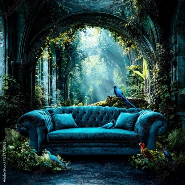 Obraz Vibrant Birds, Cozy Couch, Enchanted Forest, Nature Scene, Tranquil Environment, Dreamy Atmosphere