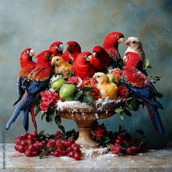 Obraz Colorful Parrots Feasting on Fruit, Indoor Still Life, Vibrant Arrangement, Close-Up View, Nature's Beauty