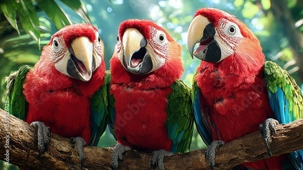 Obraz Colorful Macaws Singing Together in Lush Rainforest - Wildlife Photography - Vibrant Nature Scene
