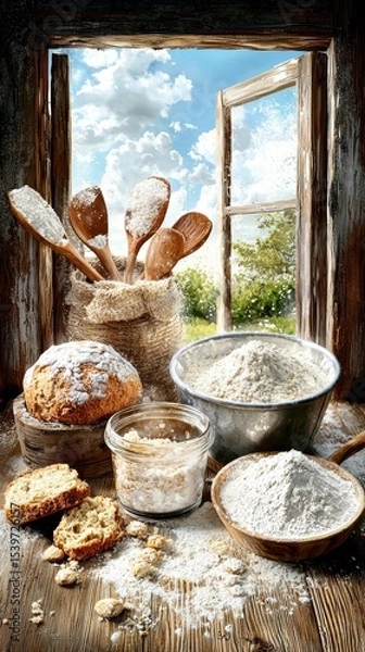 Obraz Baking Session, Flour and Ingredients, Rustic Kitchen, Photo, Bright Environment, Close-Up View, Culinary Art