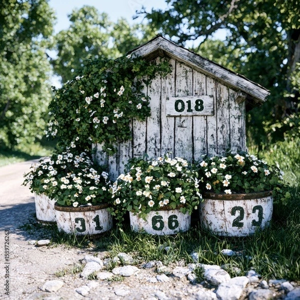 Obraz Rustic Whitewashed Cottage with Flower Pots and Numbered Barrels