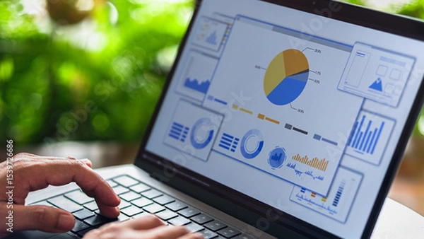 Fototapeta Business analyst reviewing digital charts and data on interactive performance dashboard.
