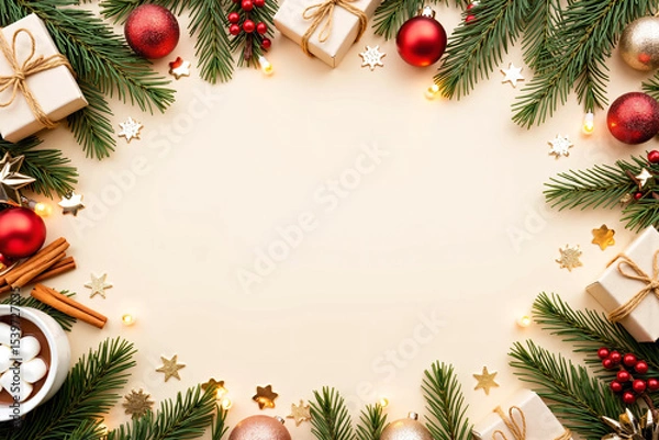 Fototapeta Flatlay Composition of Christmas Decorations with Pine Branches, Gift Boxes, Ornaments, Cinnamon Sticks, Dried Orange Slices, and Warm Lighting Arranged on a Neutral Background for Festive Branding