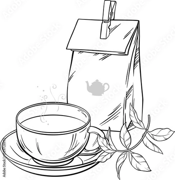 Obraz Сup of Tea and Papper Packaging  Outline Illustration.