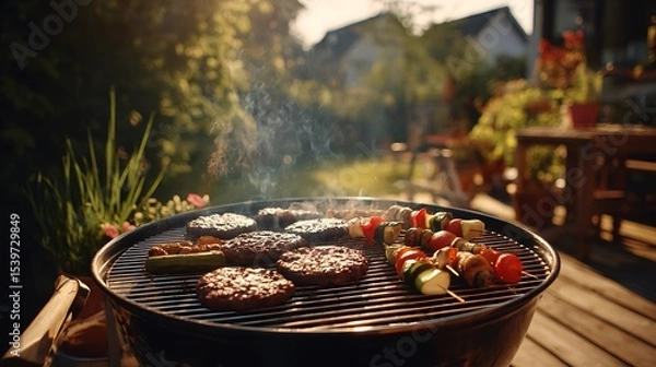 Fototapeta A close up of a barbecue grill with burgers and vegetable skewers cooking outdoors in a backyard setting