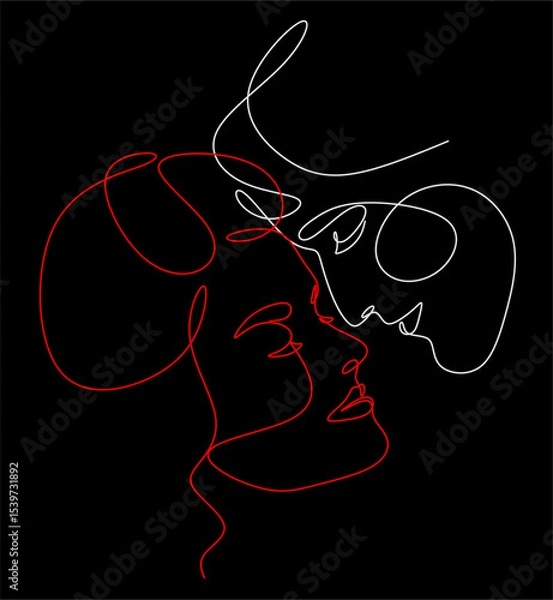 Fototapeta Abstract man and woman drawn one line vector illustration. Portrait, minimalist style. Modern continuous line art. Beauty salon.
