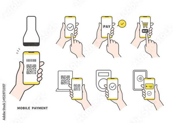 Fototapeta スマートフォンでのQRコード決済と非接触支払いのアイコンセット（ベクター）
