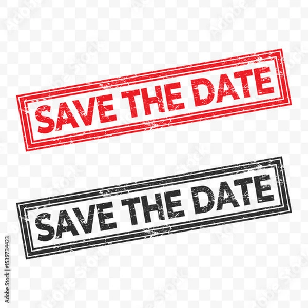 Fototapeta Vector illustration of Save The date red and black grunge stamp, isolated on transparent background.