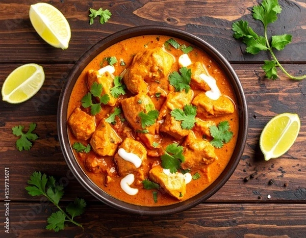 Obraz Butter chicken curry featuring tender chicken breast pieces simmered in a creamy, buttery tomato-based sauce with a hint of honey. Garnished with fresh coriander and a swirl of cream, served in a bowl