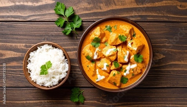 Obraz Butter chicken curry featuring tender chicken breast pieces simmered in a creamy, buttery tomato-based sauce with a hint of honey. Garnished with fresh coriander and a swirl of cream, served in a bowl