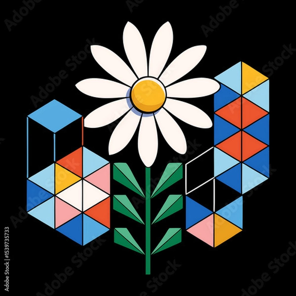 Fototapeta Black background showcasing brutalist floral designs with geometric daisy, AI Generated 