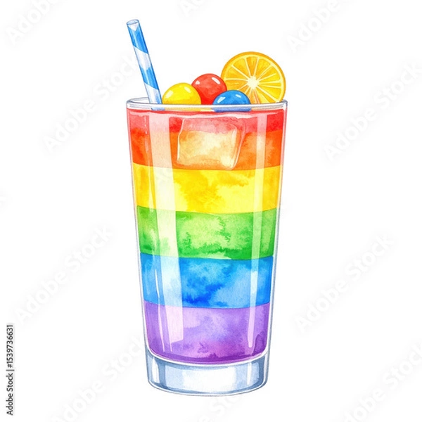 Fototapeta A vibrant watercolor rainbow layered cocktail in a tall glass, complete with ice, a striped straw, and a citrus garnish. Perfect for summer parties, celebrations, and festive designs.