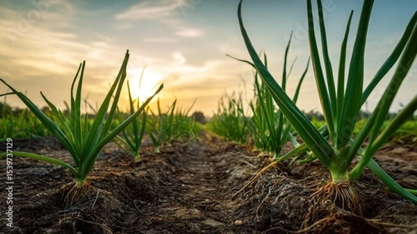 Fototapeta Sunset onion farming in fields