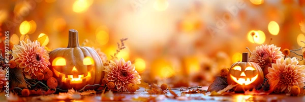 Obraz Pastel jack-o'-lanterns and cosmos flowers in dreamy autumn garden with central space