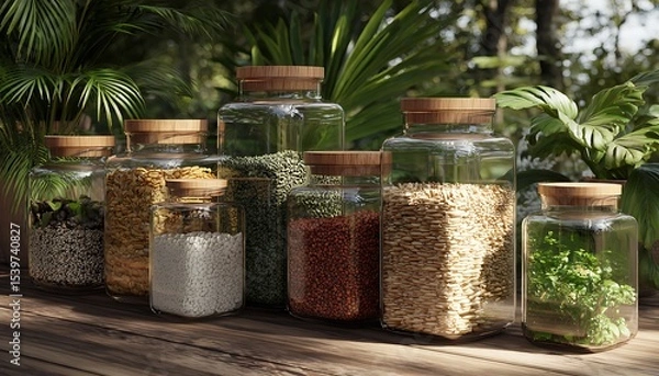 Fototapeta Assorted grains and herbs in glass jars with wooden lids on a wooden surface surrounded by plants
