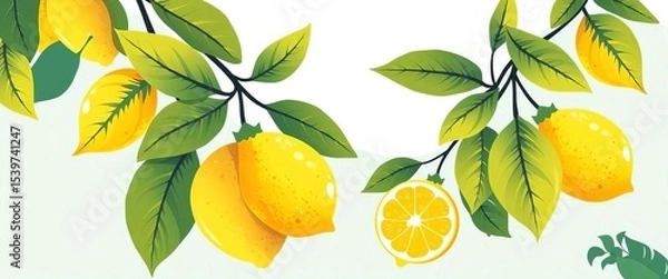 Fototapeta Modern abstract lemon & leaf illustrations Vibrant citrus fruit design for summer prints,  sunny,  leaves
