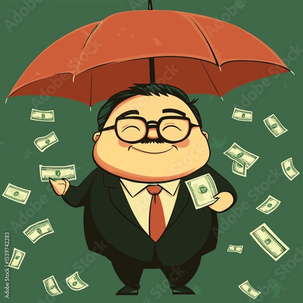 Obraz fat businessman with money in umbrella, vector style simple color