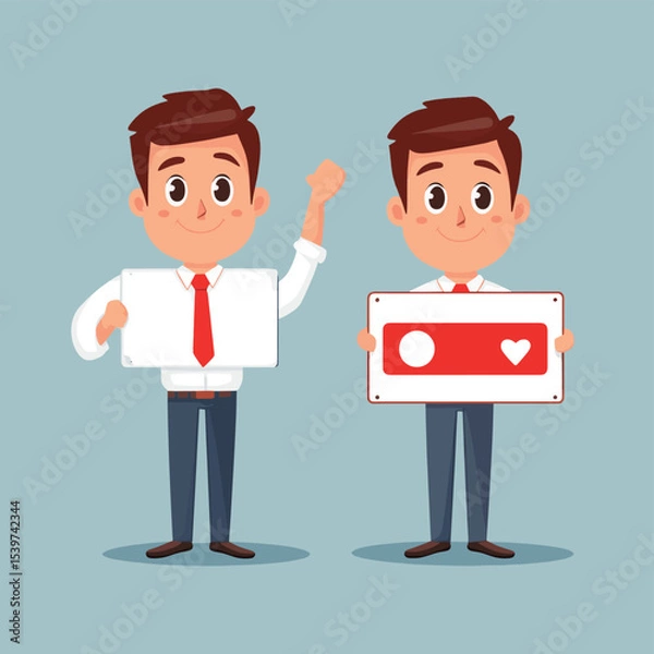 Obraz Businessman holding signboard, Positive and negative signs.true, false,do, don't.flat vector cartoon character illustration