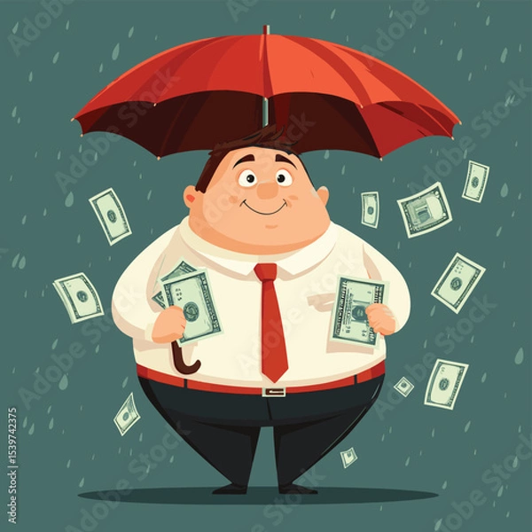 Obraz fat businessman with money in umbrella, vector style simple color