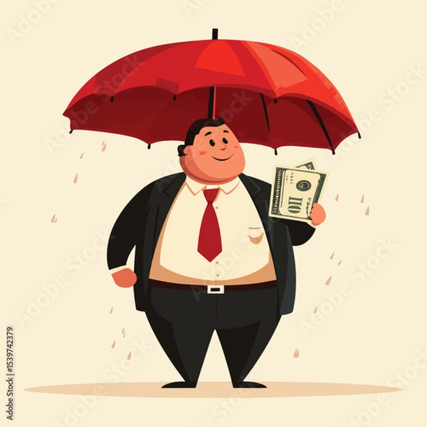 Obraz fat businessman with money in umbrella, vector style simple color
