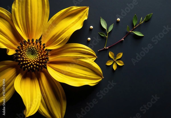 Fototapeta Yellow Sunflower with Accessory Flora and Seeds on Dark Background