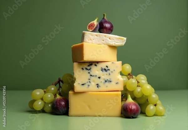Fototapeta Stacked Cheeses with Figs and Grapes