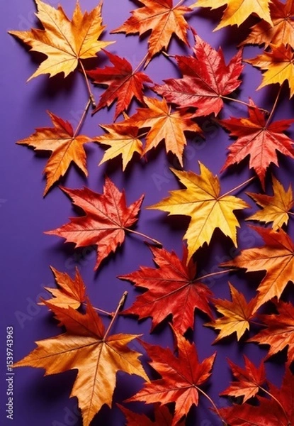 Fototapeta Arrangement of Red and Orange Autumn Leaves on Purple Background