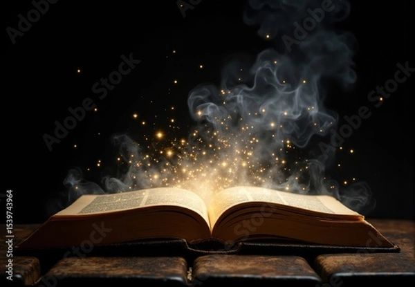 Fototapeta Open Antique Book with Golden Sparks and Smoke