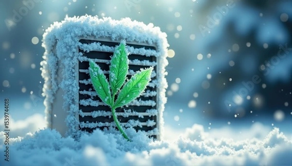 Fototapeta Snow-Covered Air Conditioner Unit with Green Leaf
