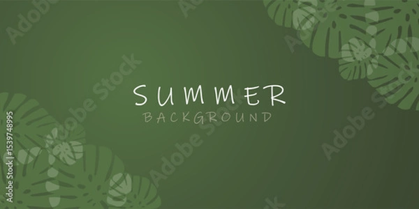 Fototapeta A vibrant and fresh summer background featuring subtle, transparent monstera leaves in the corners on a gradient green backdrop. Perfect for seasonal designs, tropical themes, vacation promotions, and