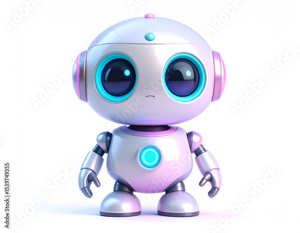 Fototapeta Adorable Robot: A charming, cute robot, brought to life in vivid colors, with oversized, expressive eyes and a friendly demeanor, ready to capture the imagination